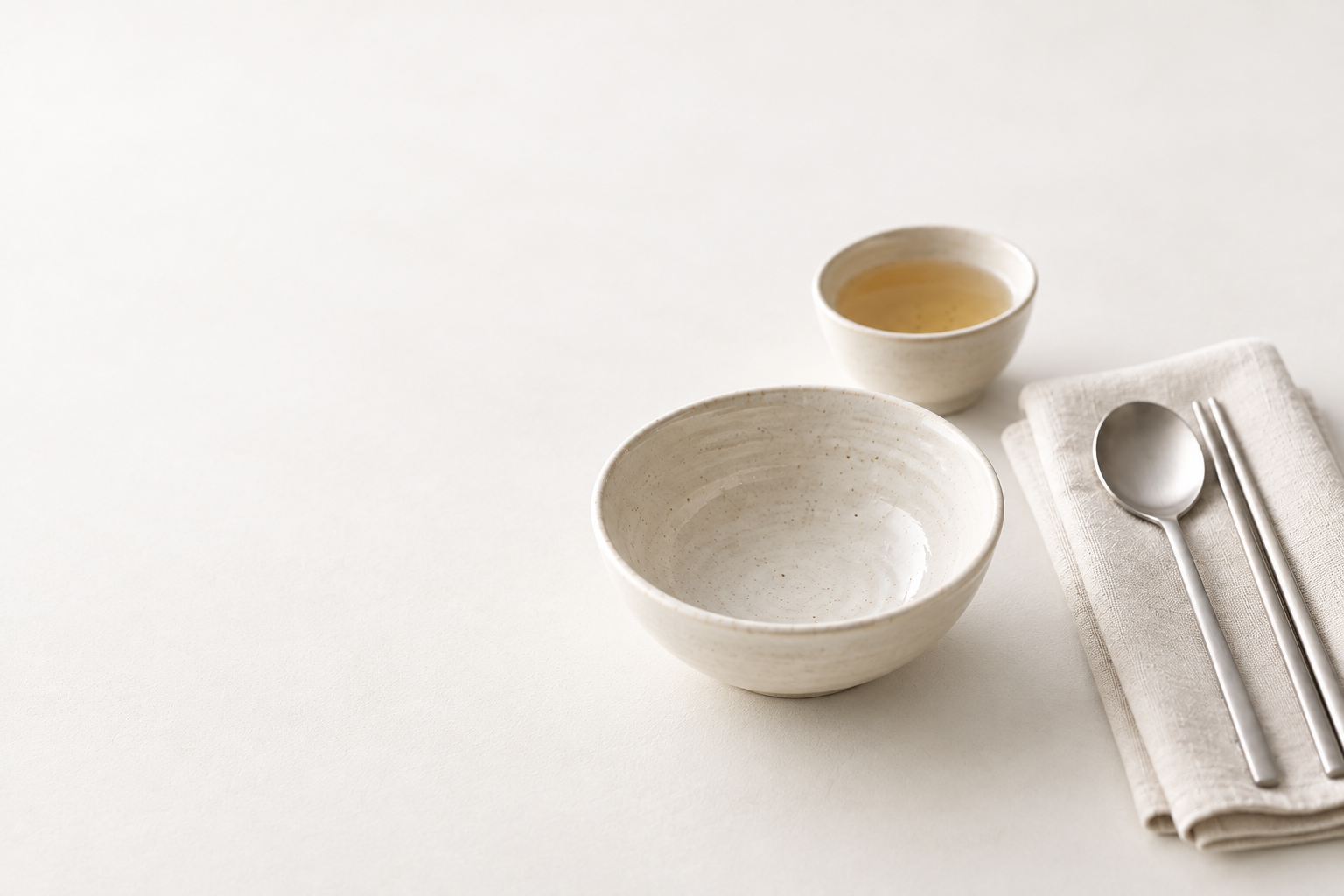 Ivory ceramic bowls, tea and Korean metal cutlery on a linen napkin