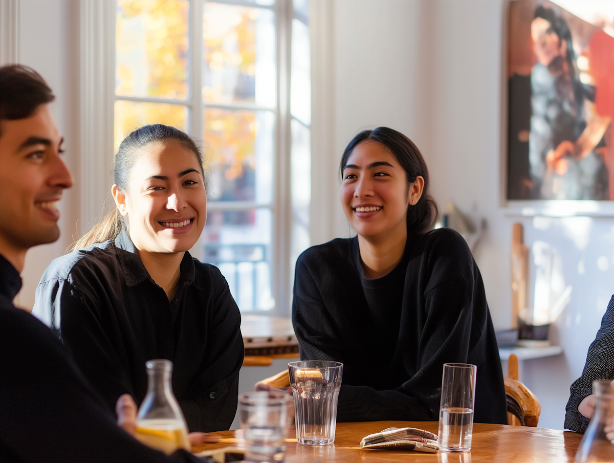 The JEJU team laughing together around a wooden table in warm daylight